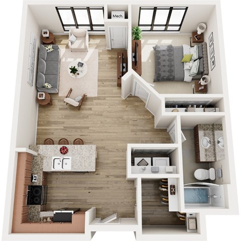 Floor plan for 1 bed, 1 bath, 775 sqft